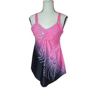 Diamond Loose Fit Cut Out Flowy Padded Tankini Swim Top  XL Pink Black Patten